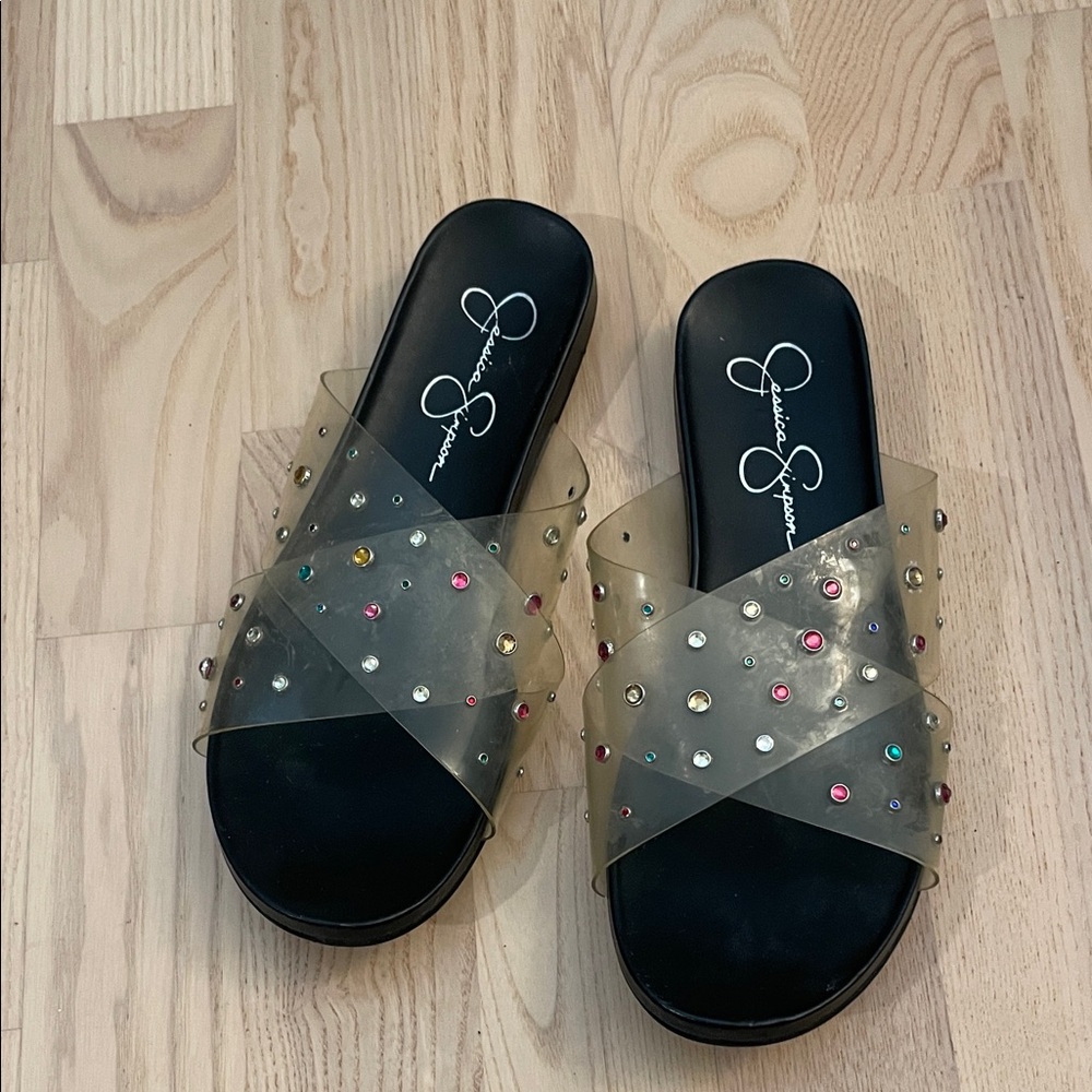 Jessica Simpson Black Sandals with Clear Studded Straps